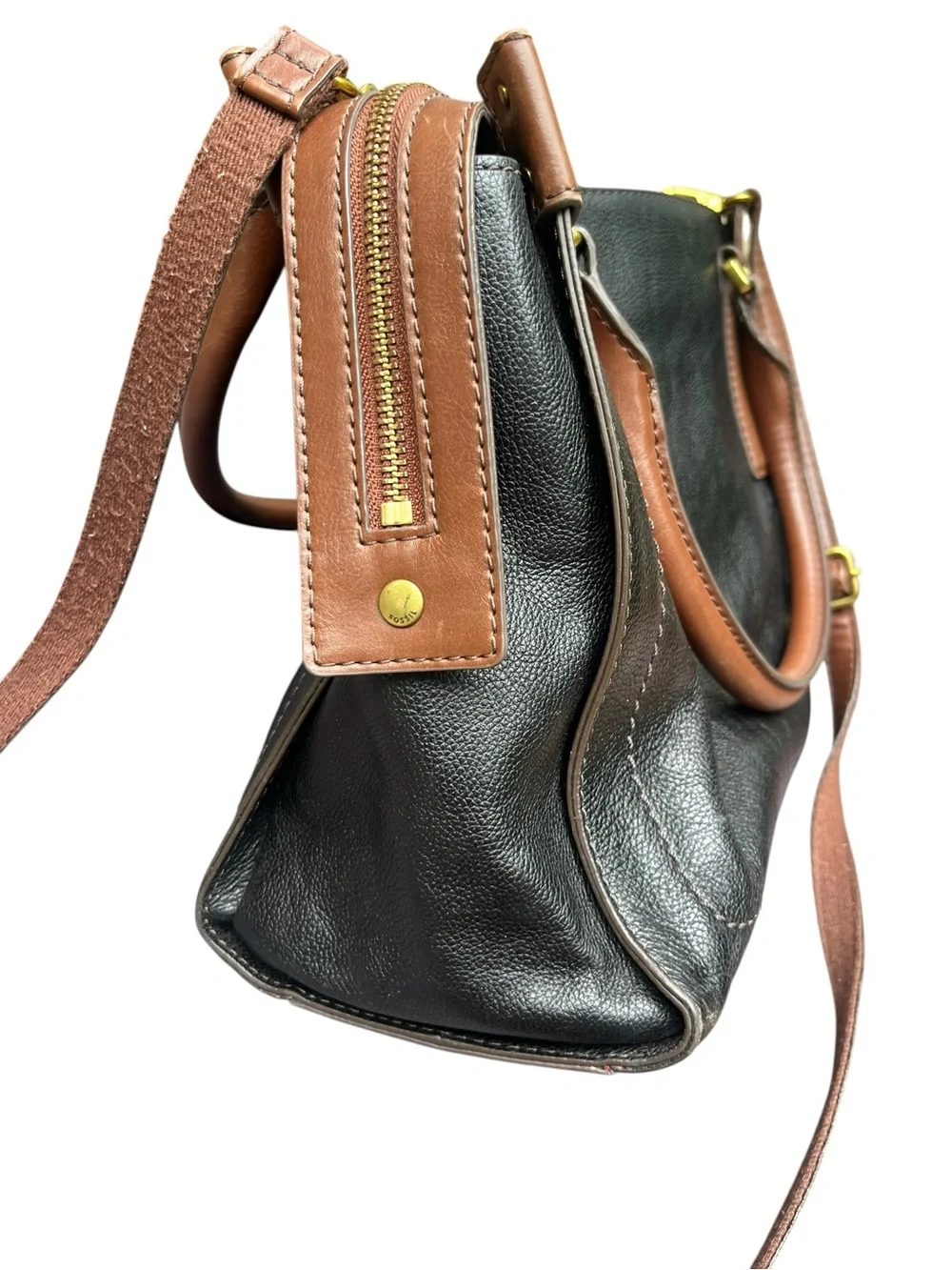 Fossil Claire Black Leather Satchel with Brown Trim - Women Bags Classic